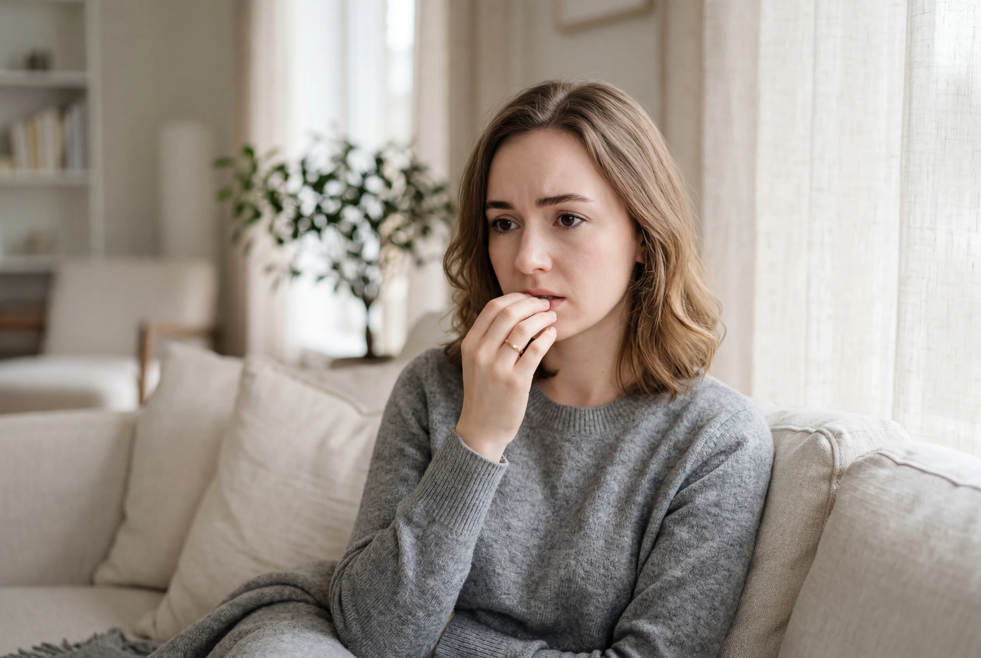 Woman looking out a window while reflecting on past experiences