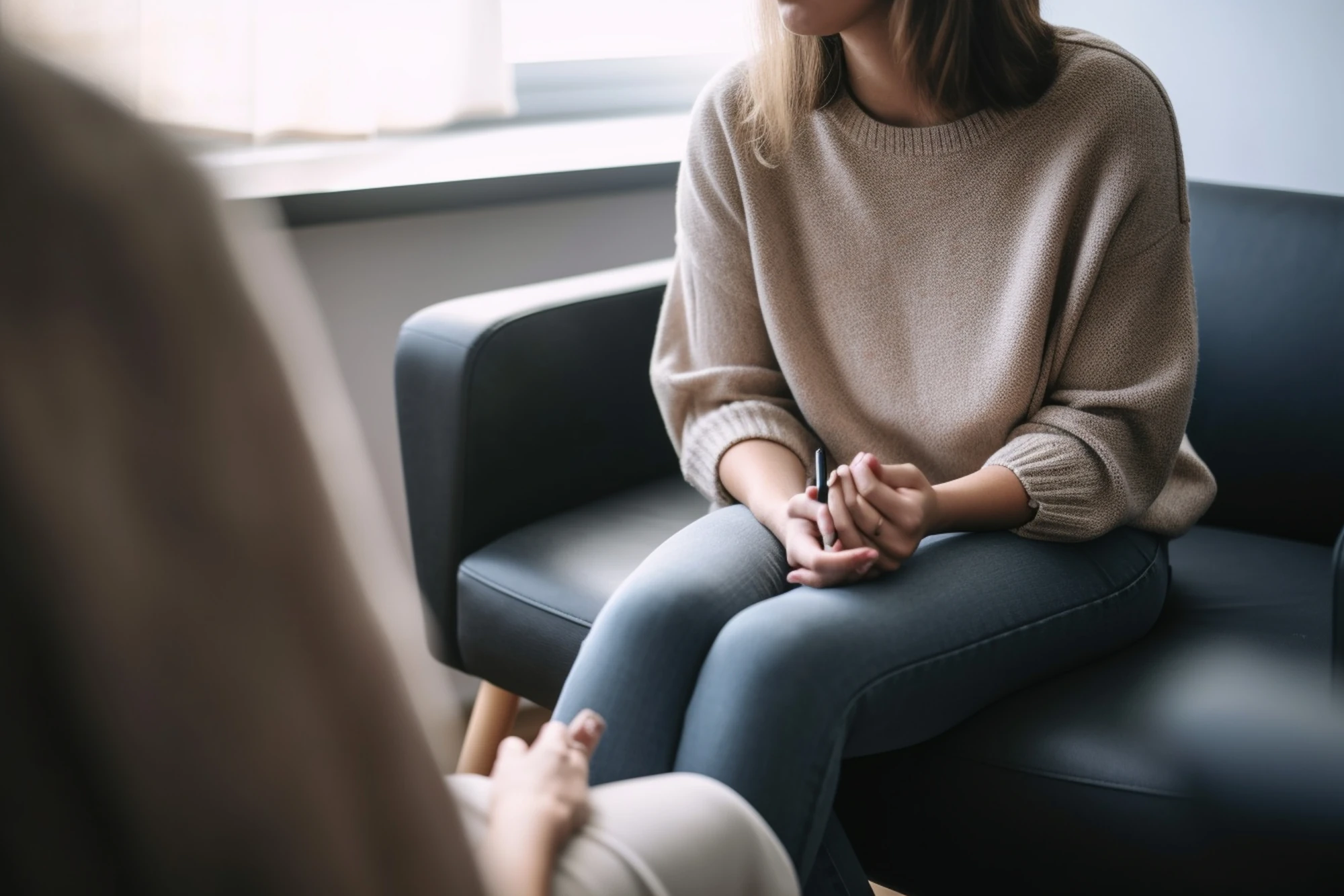 Woman talking with a therapist during an EMDR session for PTSD