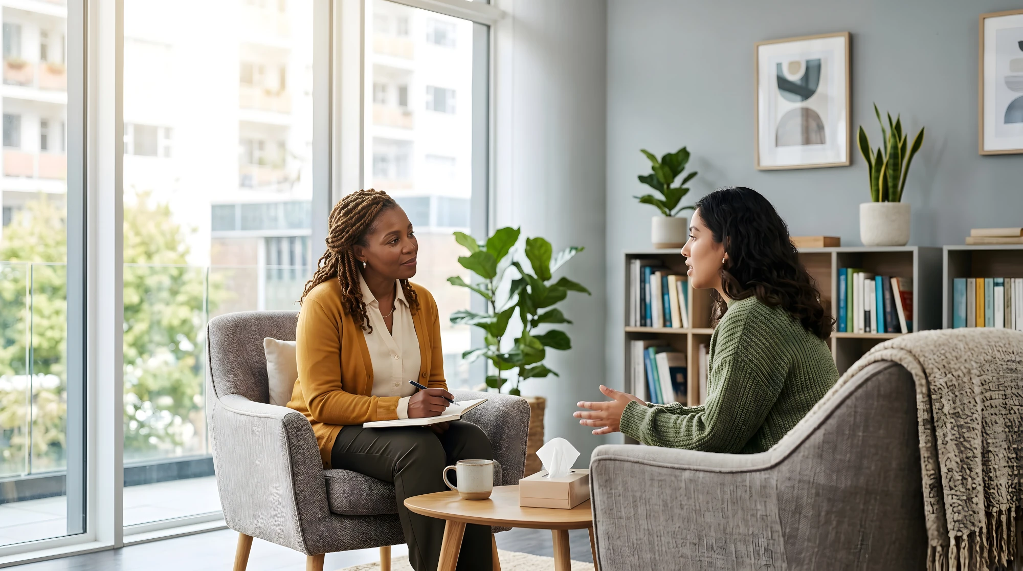 Woman speaking with a therapist about bipolar disorder and addiction recovery.