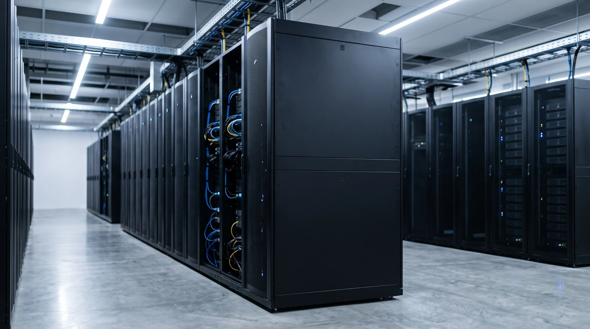 Rows of server racks in a data center