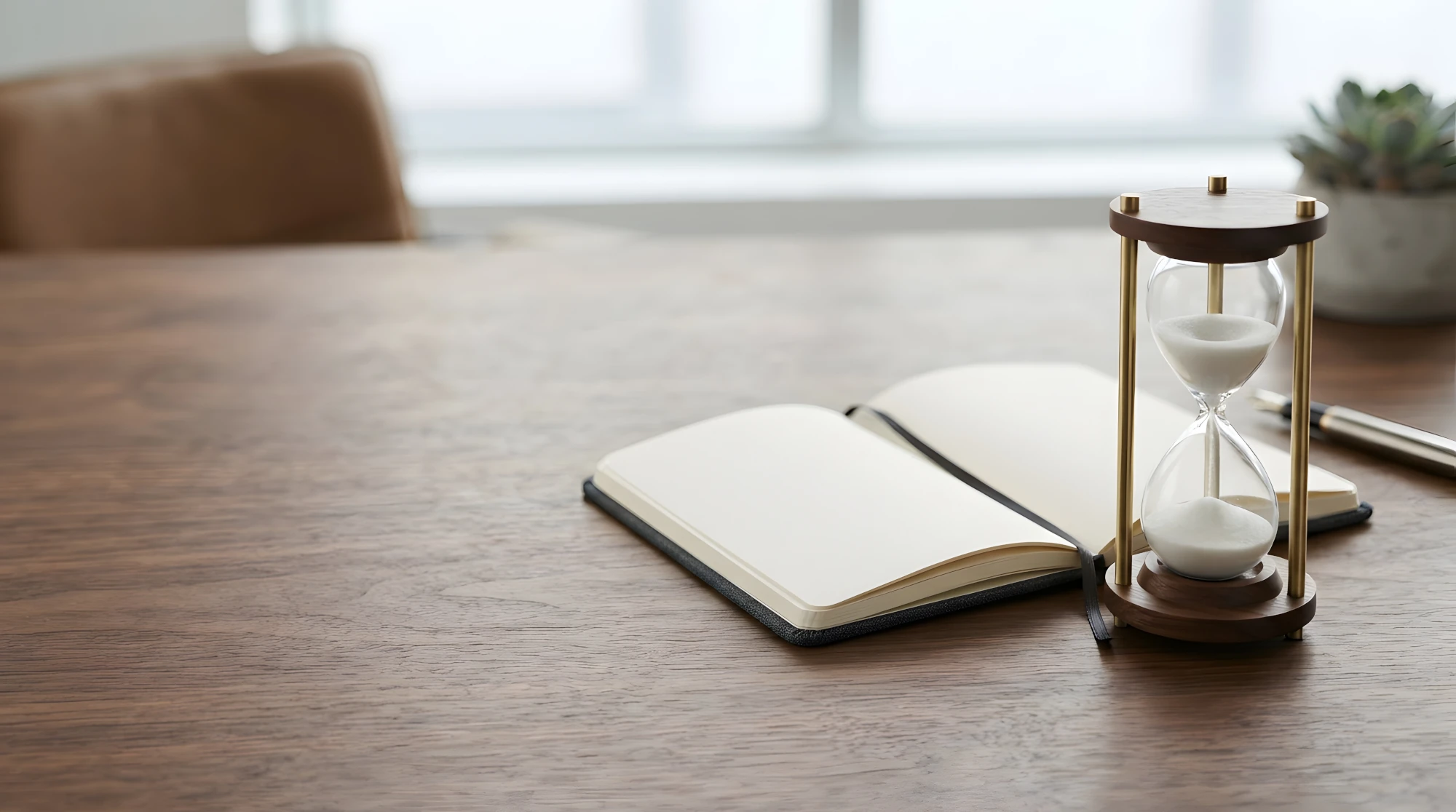 An hourglass with sand running through it sits on a table.
