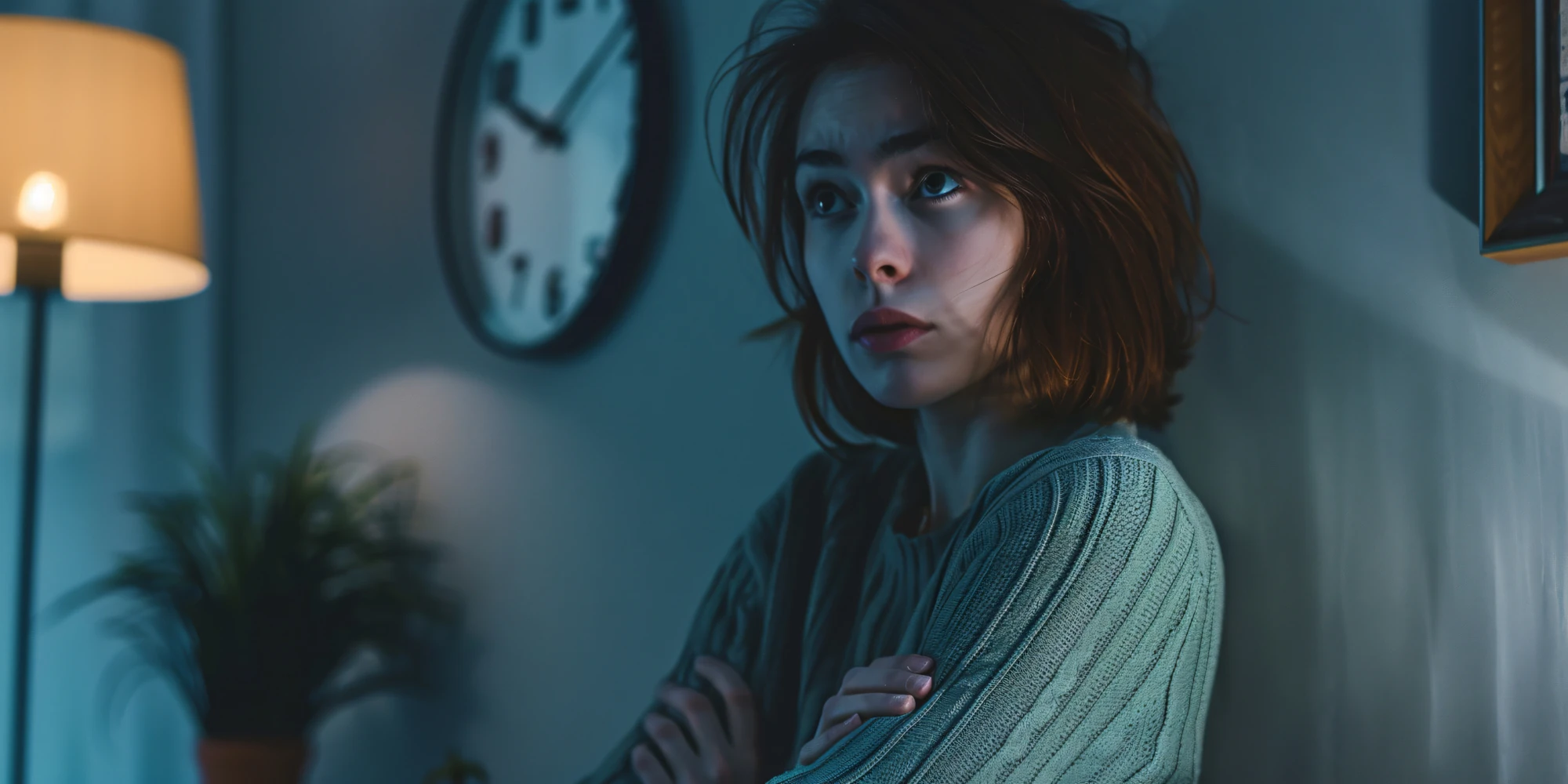 Woman sitting looking up at a wall clock with a thoughtful expression