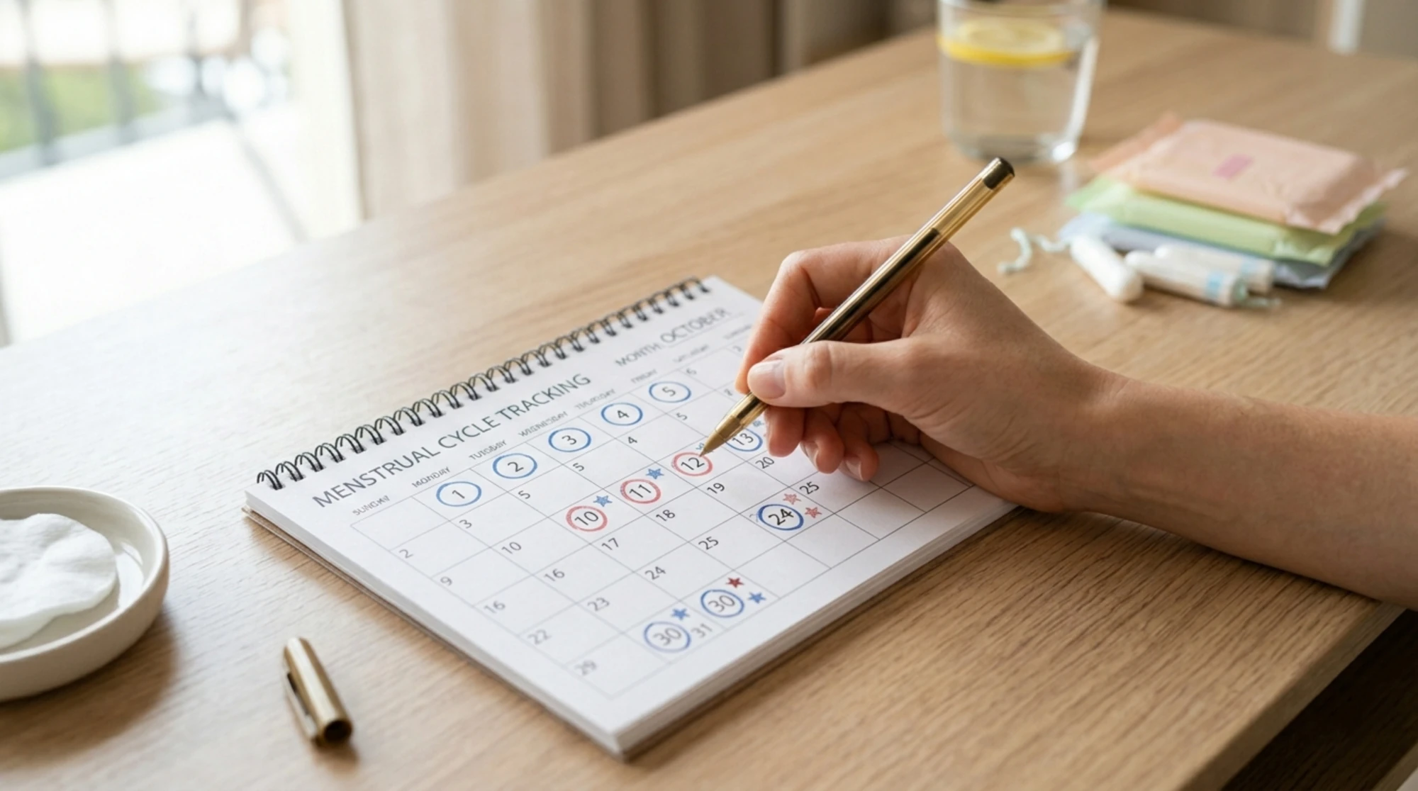 A calendar with several dates marked, lying on a table.