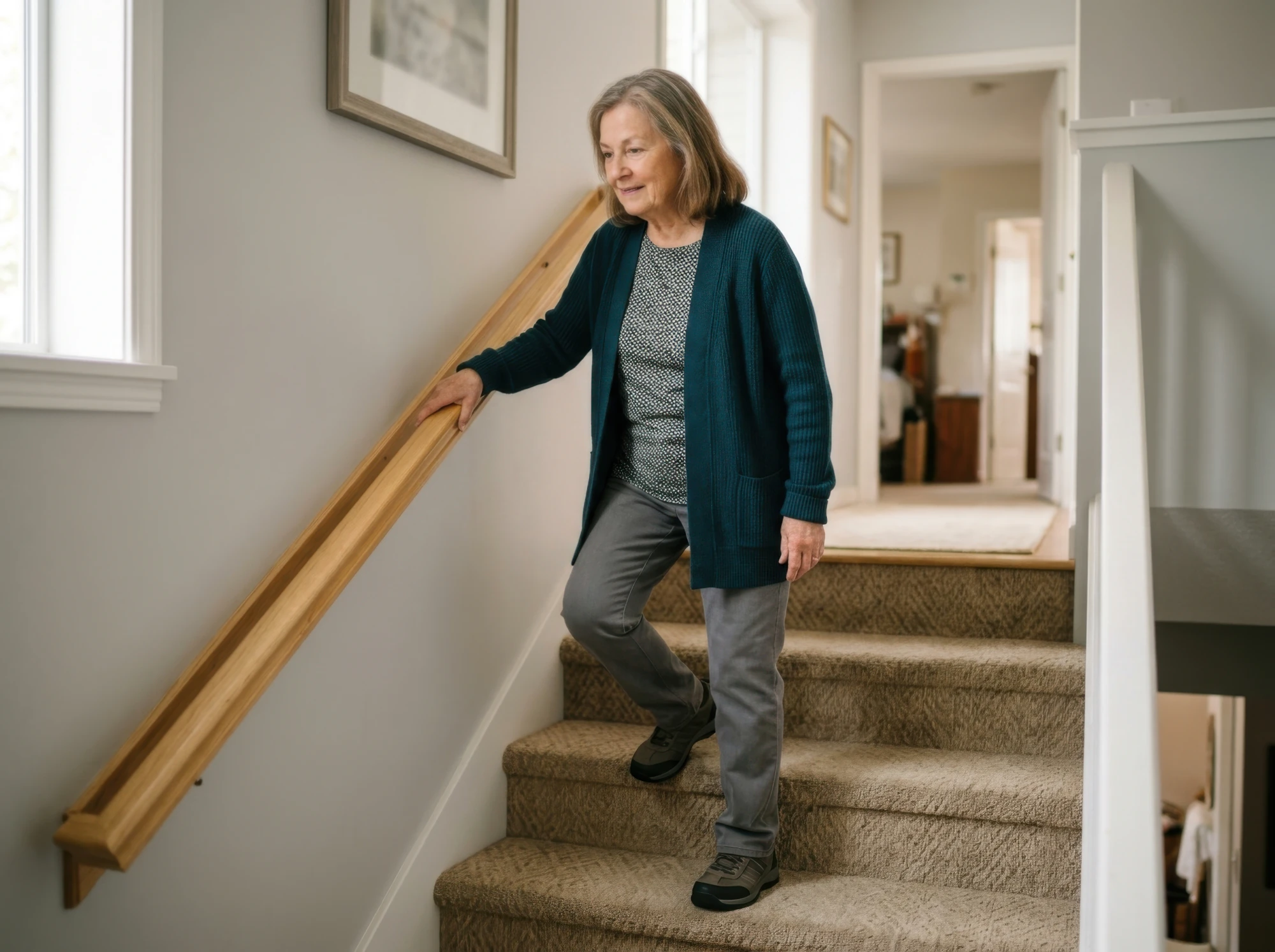 An older woman holds a handrail while walking down a staircase at home.
