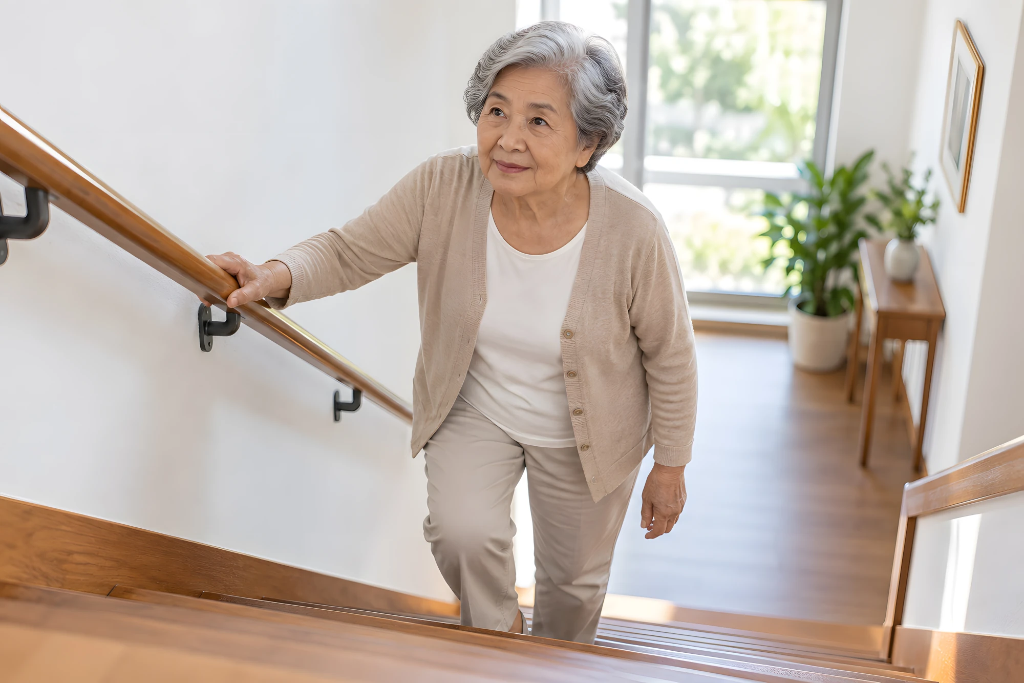 An older woman holds a handrail while walking down a staircase at home.