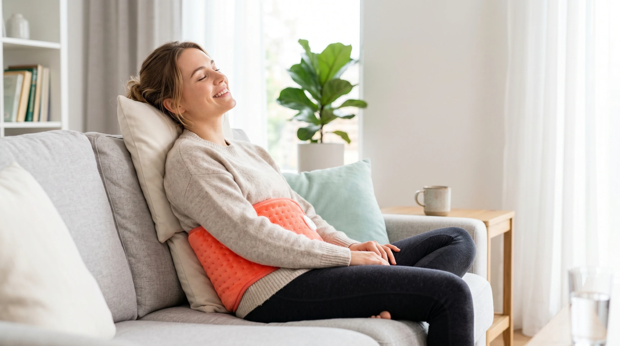 A woman rests on a couch with a heating pad on her lower abdomen.